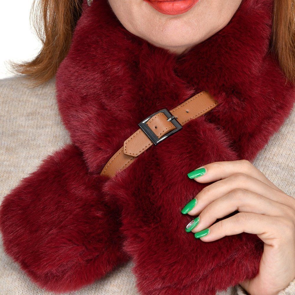 Faux Fur Polyester Scarf with Buckle (35 x 5) Red/Burgundy